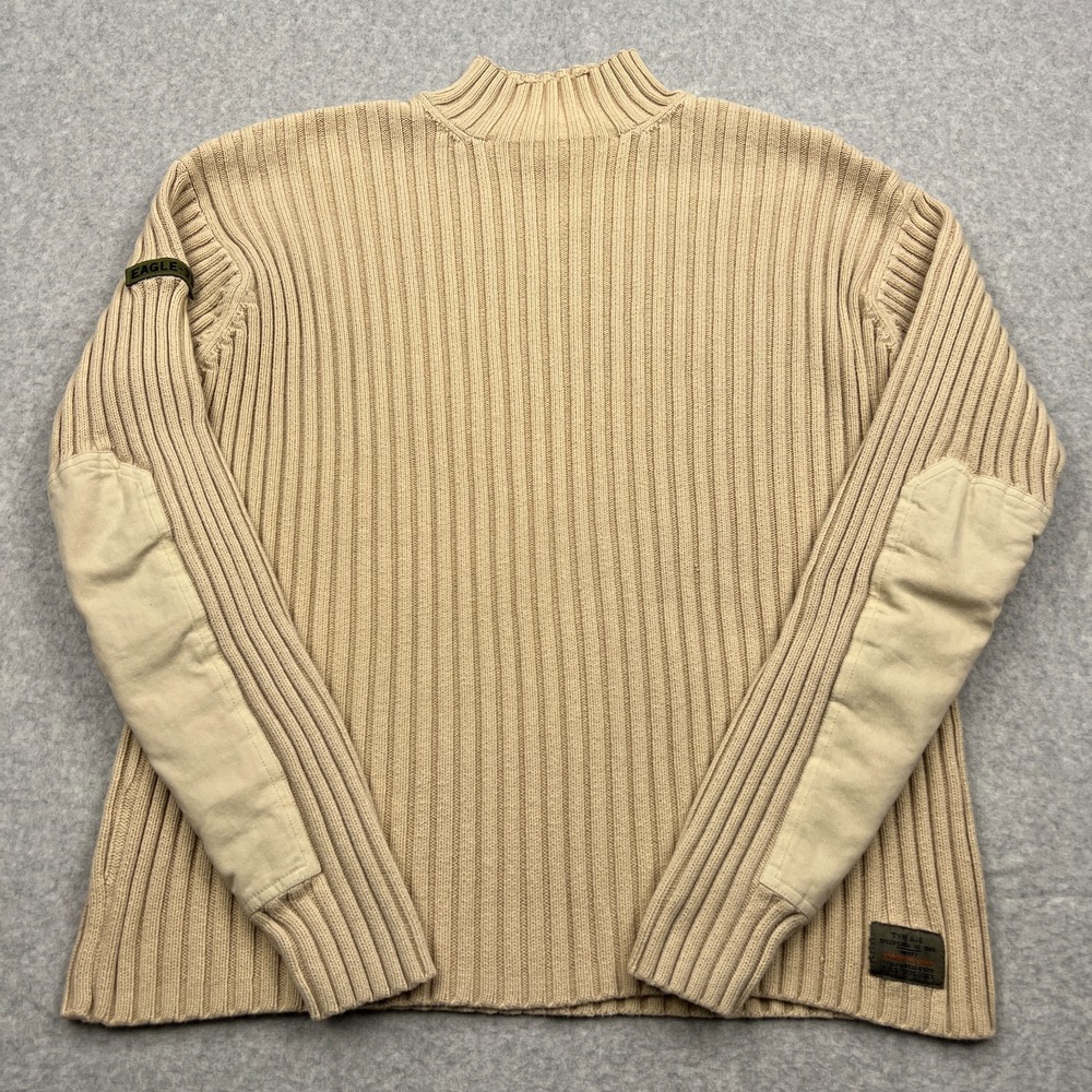 American Eagle Sweater Men's Large‎ Beige Ribbed Elbow Patch Mock Neck Military